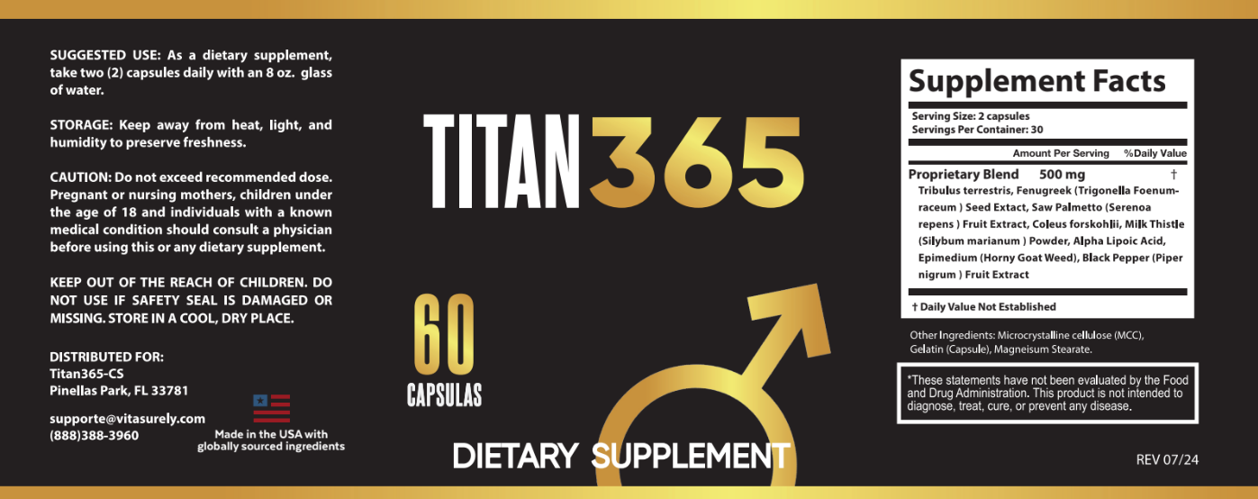 Titan365 supplement facts label