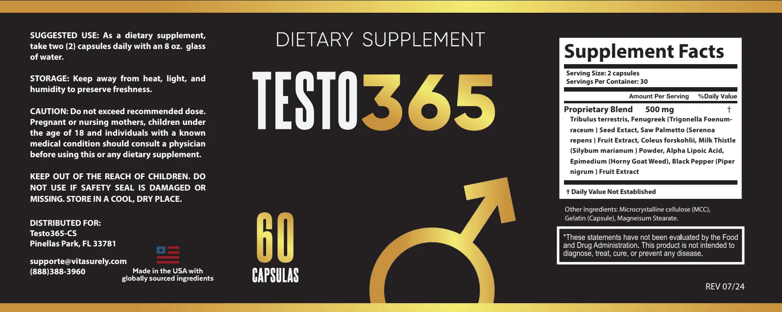 Testo365 supplement facts label